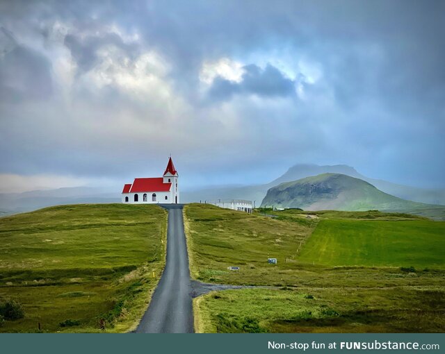 Church in distance in Iceland