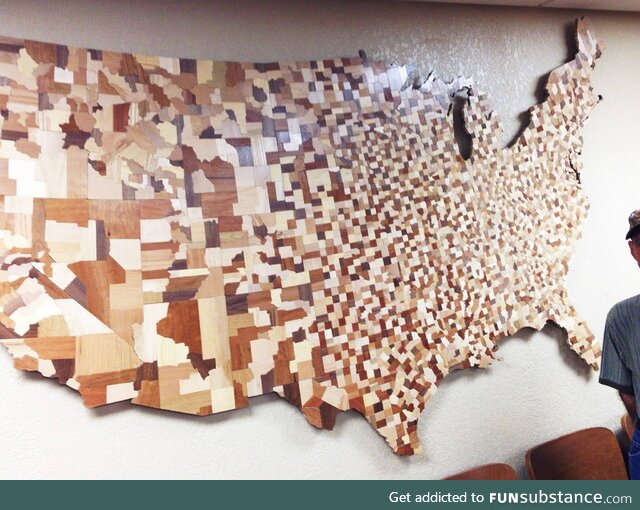 USA counties map made from 3047 carved wooden blocks