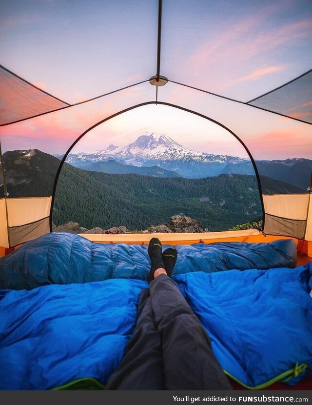 This transparent tent with a sunset view of Mount Rainier