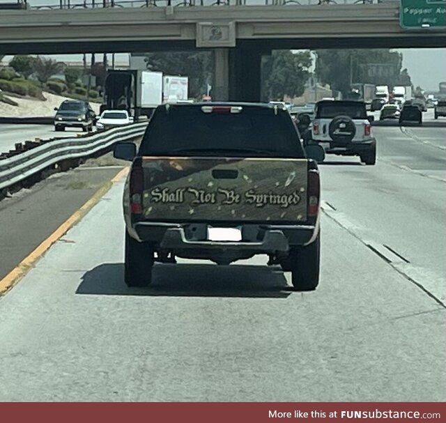 [OC] “Shall not be syringed” decal on the bed of a truck