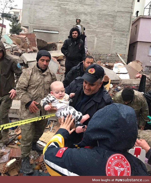 The baby was rescued from the rubble 9 hours later. Kahramanmaras, Turkey, Today