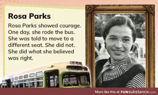 Textbook picture in new Florida K-6 textbooks which omits Rosa Parks race and why she had