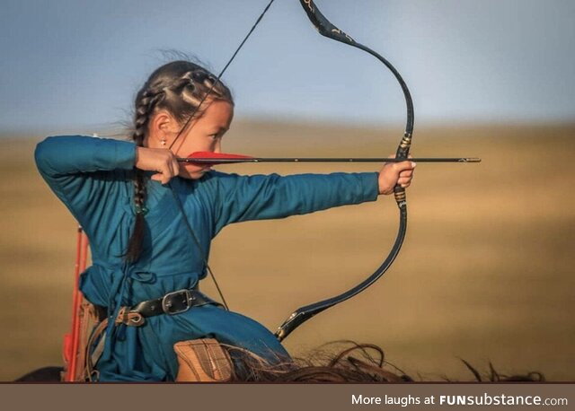 Amazon Angarag, age 5, horseback archer of Mongolia