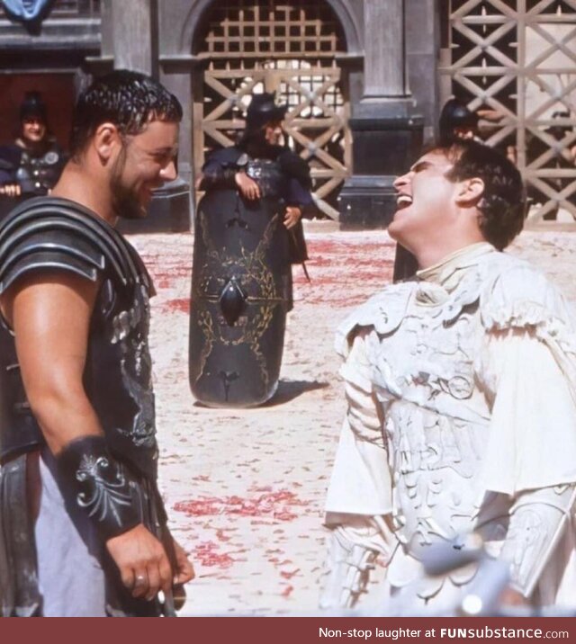 Russell Crowe & Joaquin Phoenix on the set of Gladiator, 1999