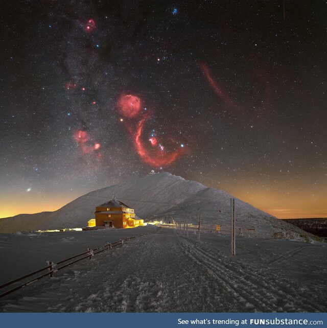 Night sky with Orion rising above Śnieżka, a mountain on the border b/w Poland & the