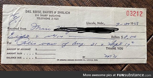 My grandma's 1956 polio vaccine receipt. It wasn't even free