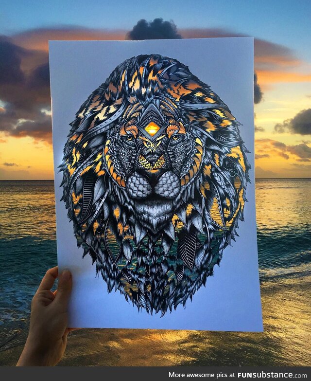 Artist Draws Lion and makes cut outs to have image colored by its background