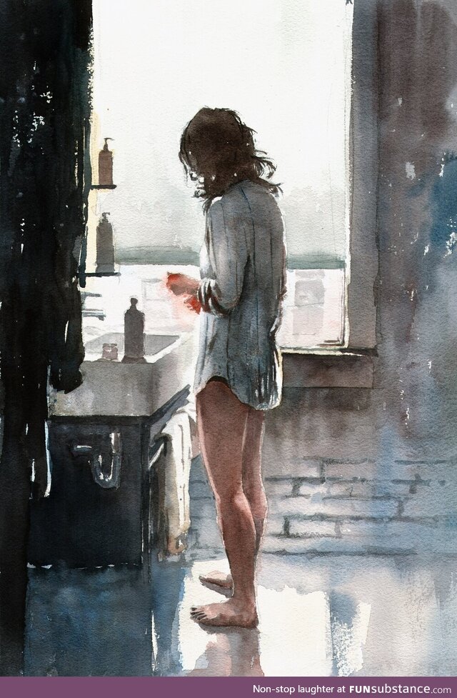 I painted a woman in the bathroom in watercolor