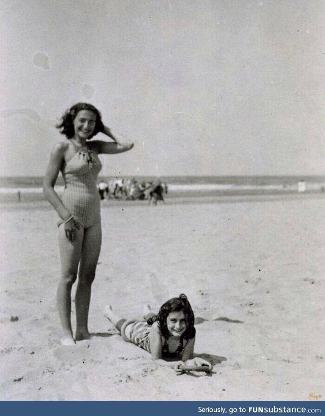 Anne Frank photographed with her sister Margot on the beach, Zandvoort, 1940