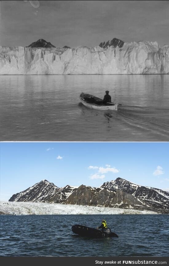 Two photos of the same Glacier in the Arctic taken 104 years apart