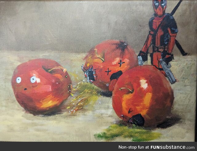 That's one bad apple. Painting Deadpool on thrift store paintings