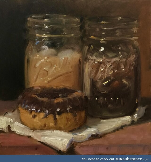 [OC] My oil painting of a Donut & Iced Coffees