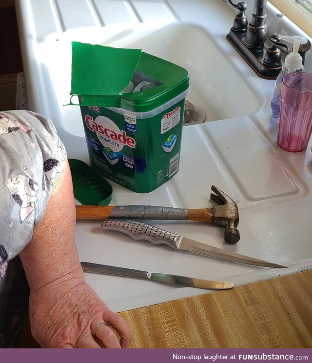 The tools my grandmother used to open a dishwasher pack