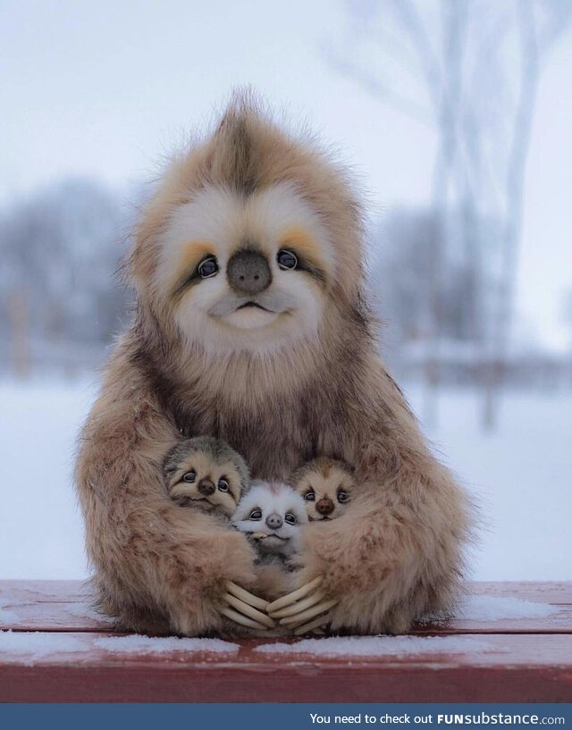 A sloth with her 3 babies