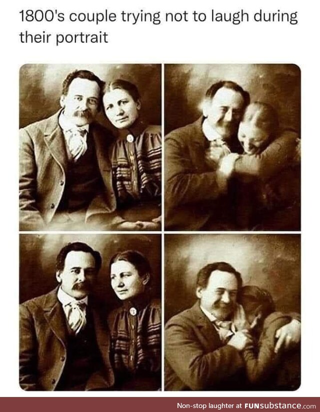 1800's couple trying not to laugh during their portrait