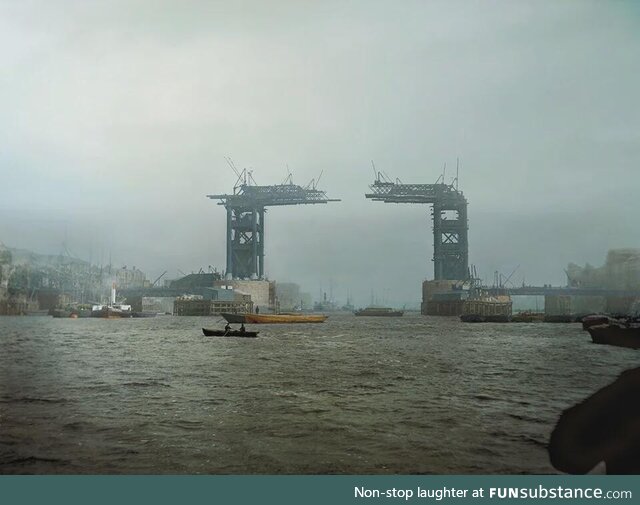 128-year-old photo of the construction of London Tower Bridge in colour