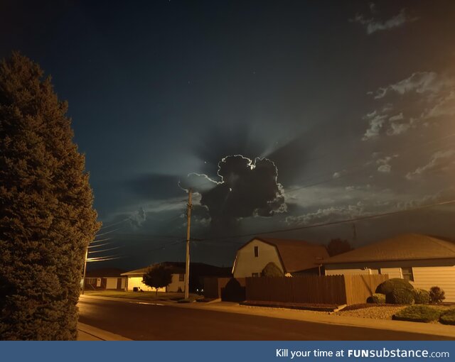 Full moon illuminating storm clouds from behind