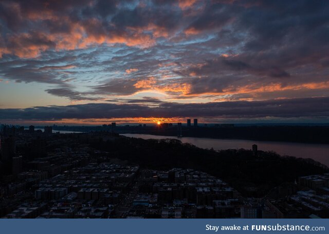 A drone shot of a sunset above my building in NYC