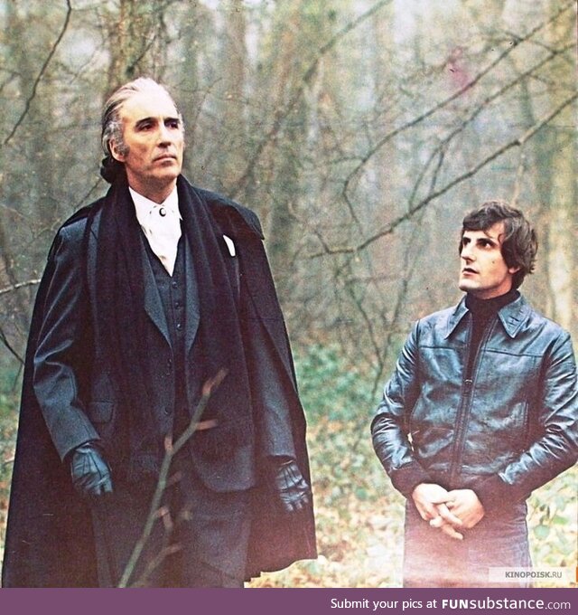 Christopher lee on the set of 'house of long shadows'