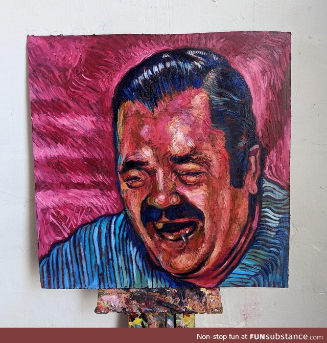 I painted el risitas, oil on panel