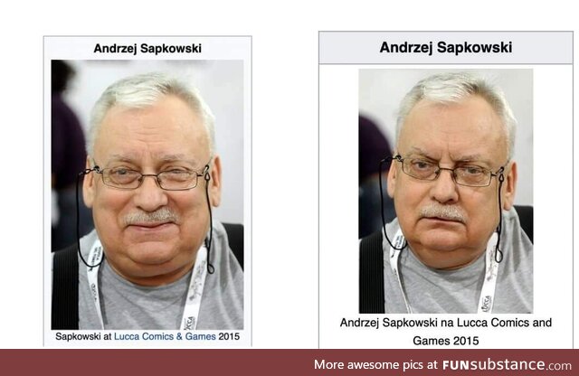 Photos of Andrzej Sapkowski, author of The Witcher on his Wikipedia page English vs