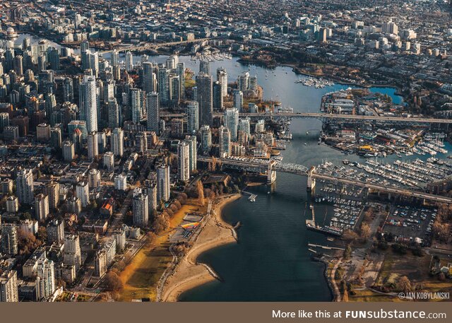 Vancouver, BC’s False Creek area from an airplane window. Zoom in to see all the