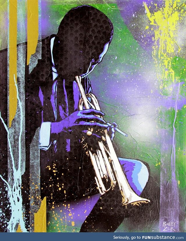 My Miles Davis portrait "Miles Away" - spray paint and mixed media on canvas, 24 x 30