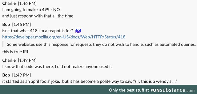 Slack conversation I had with a coworker about HTTP response codes