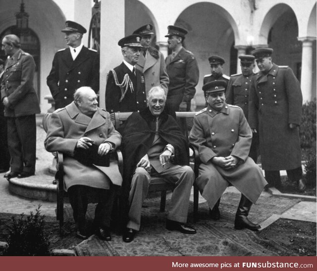 Roosevelt, Churchill, and Stalin meeting at the Yalta Conference in February of 1945