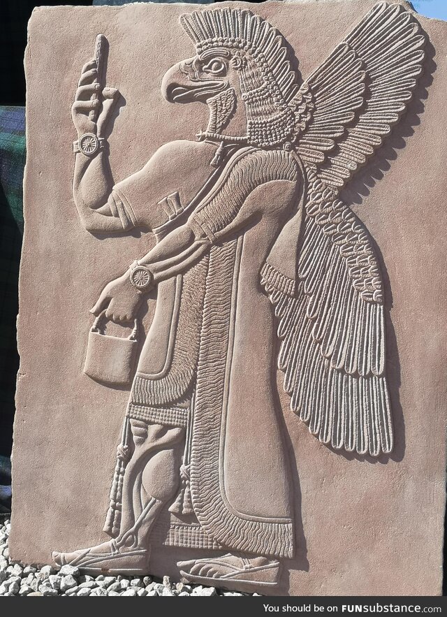 I hand carved this altered Mesopotamian winged genie in stone