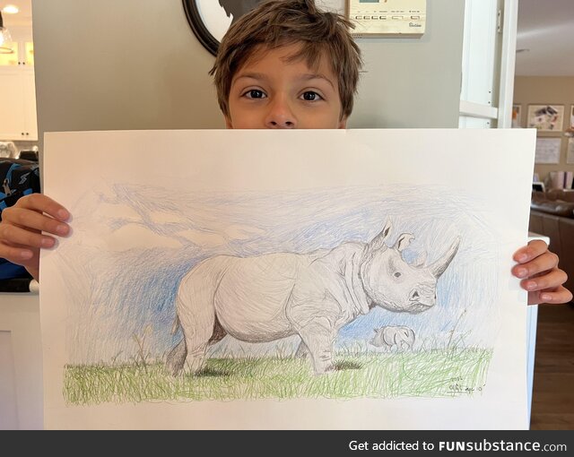 [OC] My son drew this rhino in his summer art class this week