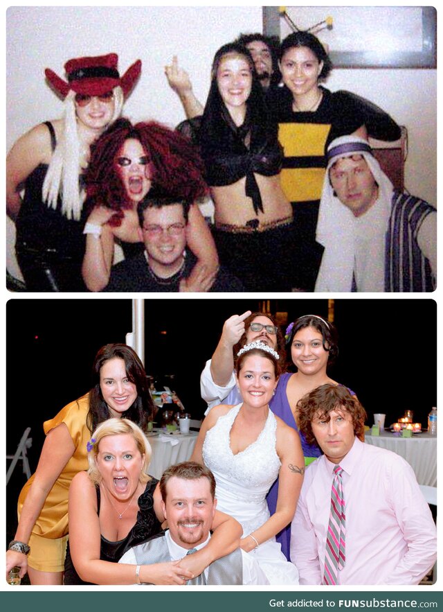 A decade of marriage & still BFFs. Top pic: Halloween 2000, bottom pic: Our wedding on