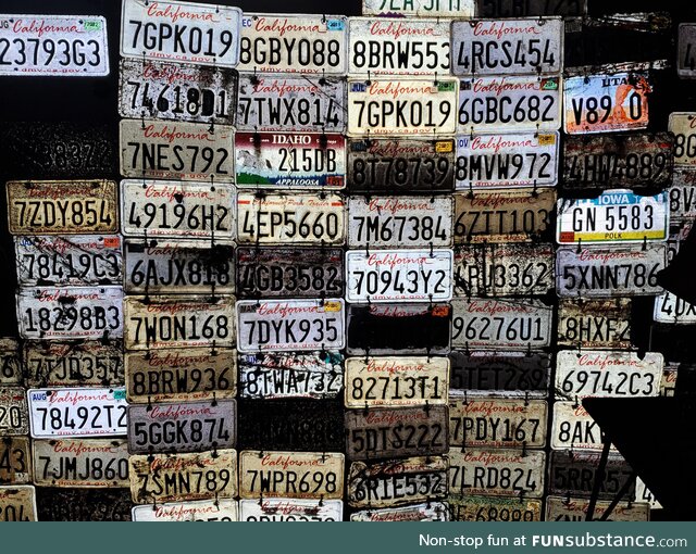 My wall of License Plate collection in the dark with the flash on