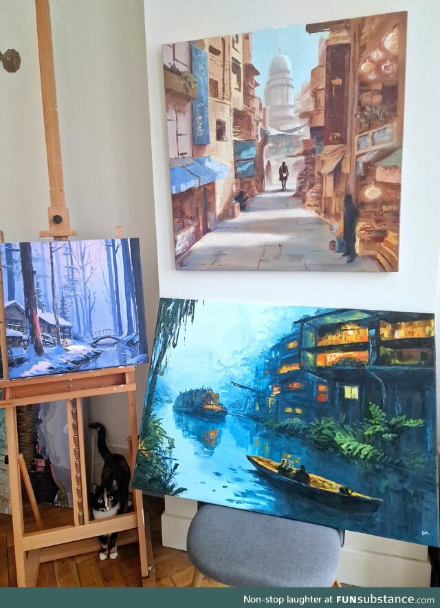 I make concept art, except as oilpaintings! (Cat for scale)