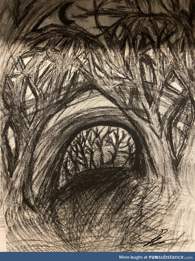 A charcoal drawing of a forest with a bridge