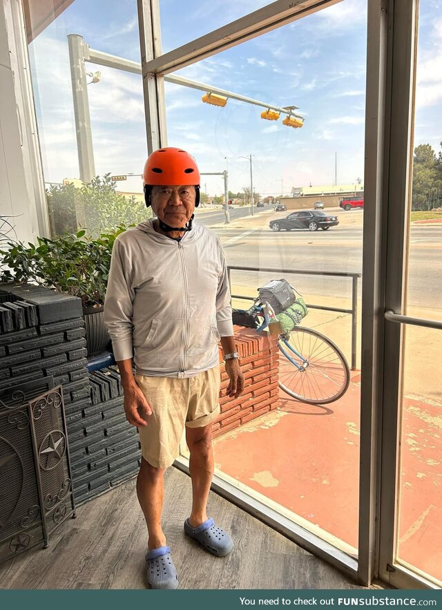 80 yr old from Japan stopped in TX town to rest, he’s bicycling from CA to NY in 90