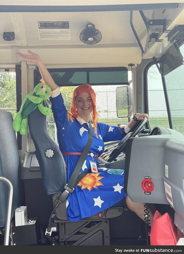 My wife is a school bus driver and dressed up as Ms. Frizzle for Halloween this year