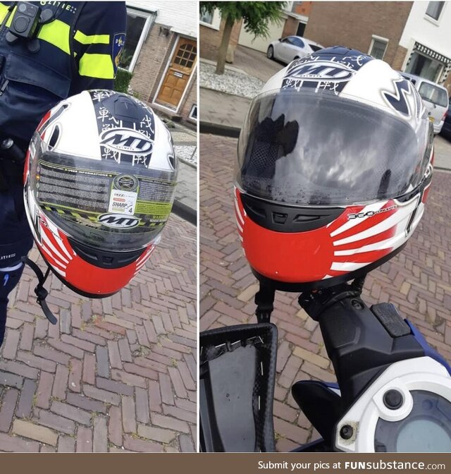 Driving for 3 years with the security sticker on his helmet. After removed by police a