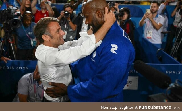 French President Macron congratulates Teddy Riner on winning the Olympic gold in judo