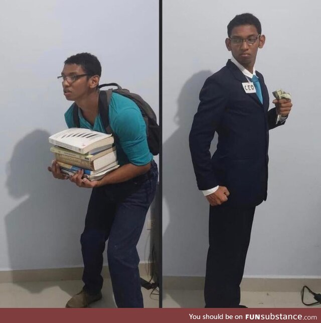 Nerd to rich guy meme cosplay