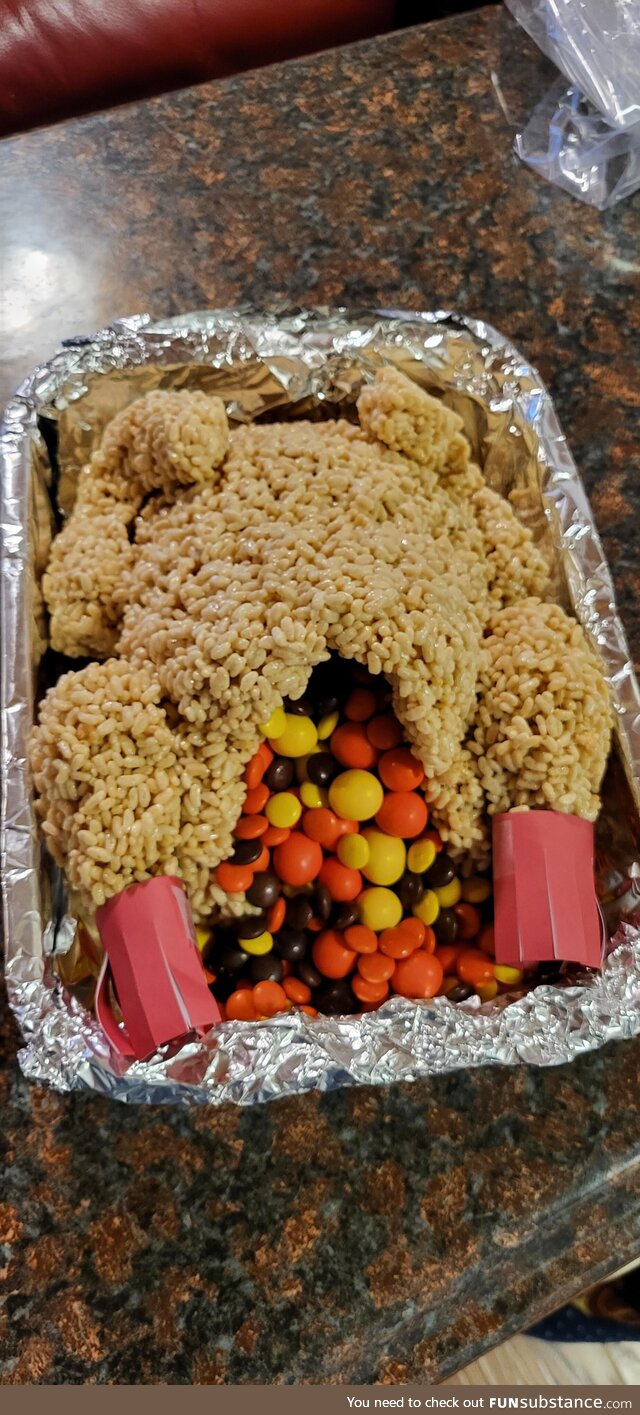 Our family made Rice Krispie turkey with Reese's Pieces stuffing for Canadian