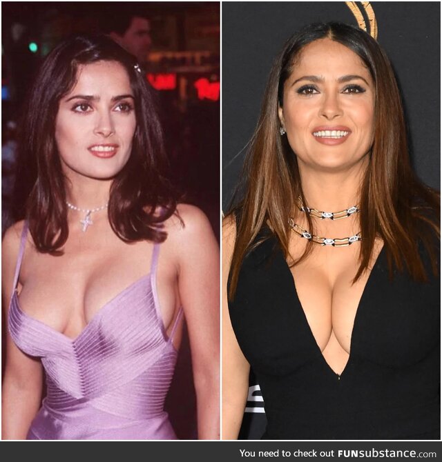 Two pictures of Salma Hayek 25 years apart. Left is from 1996 and right from 2021