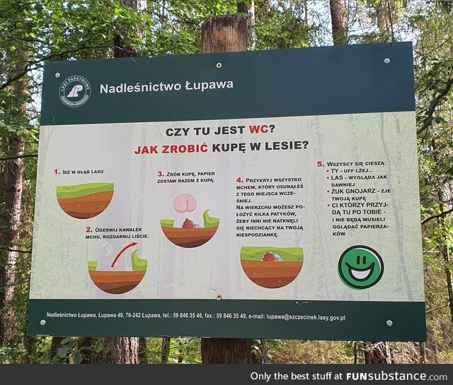 "How to Take Poop in the Woods" - an informative board for tourists, placed in a forest