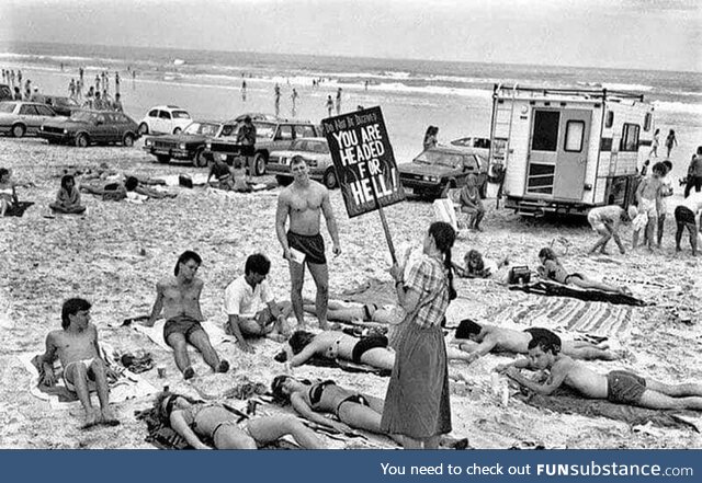 Puritans protesting against wearing bikini, Miami Beach, somewhere in the 80s