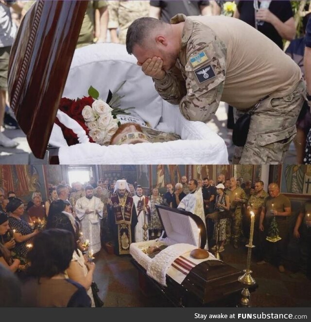 A brave Ukrainian soldier mourns his fallen comrade at a funeral