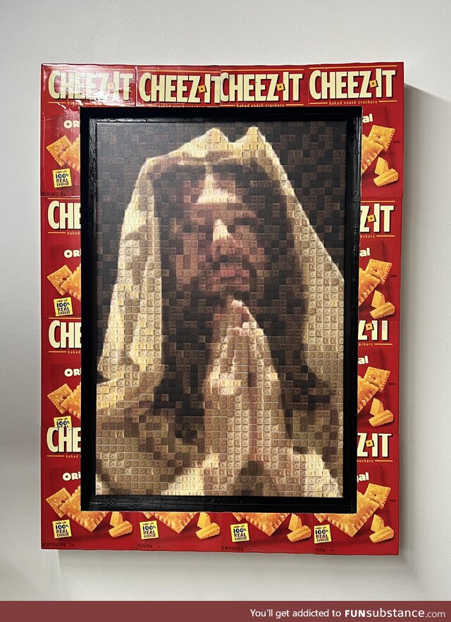 Cheezits christ almighty - religious tapestry made entirely from snack crackers