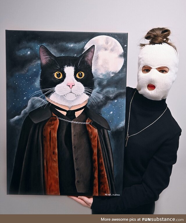 Me and my original painting of a cat as a vampire