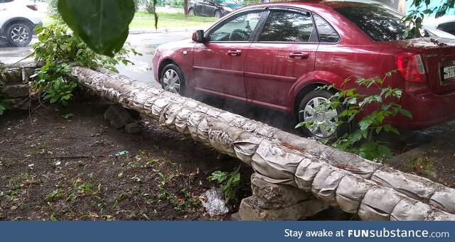 Water evaporates from surface of heating pipes after the rain