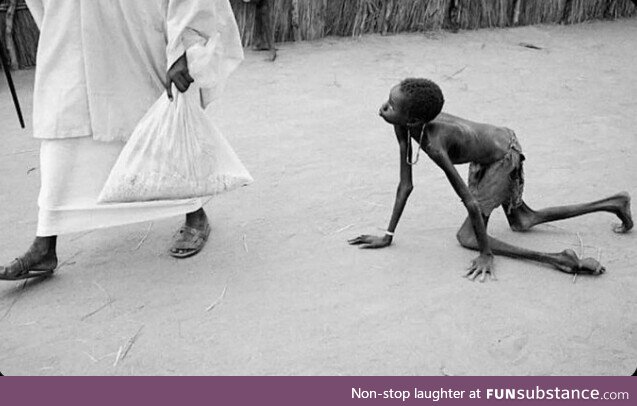 A well-nourished Sudanese man stealing a bag of maize from a starving child by Tom