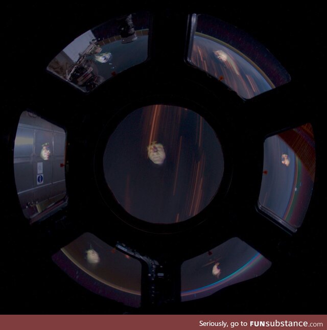 One selfie 7 times, reflected off the windows of the International Space Station